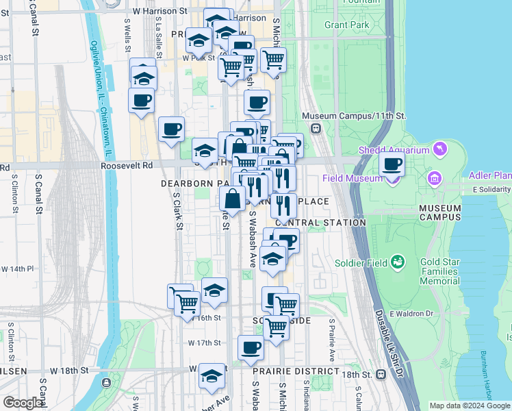 map of restaurants, bars, coffee shops, grocery stores, and more near 1327 South Wabash Avenue in Chicago