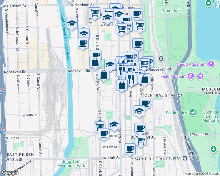 map of restaurants, bars, coffee shops, grocery stores, and more near 1322 South Plymouth Court in Chicago