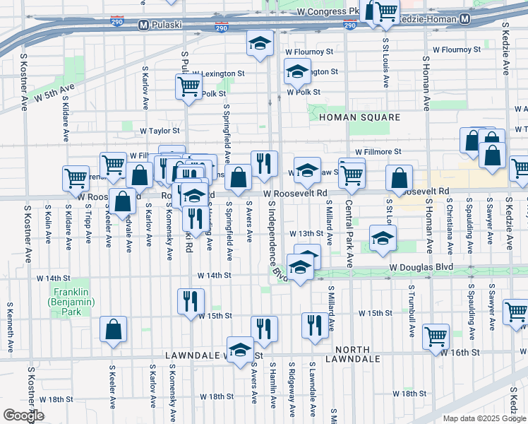 map of restaurants, bars, coffee shops, grocery stores, and more near 1234 South Independence Boulevard in Chicago