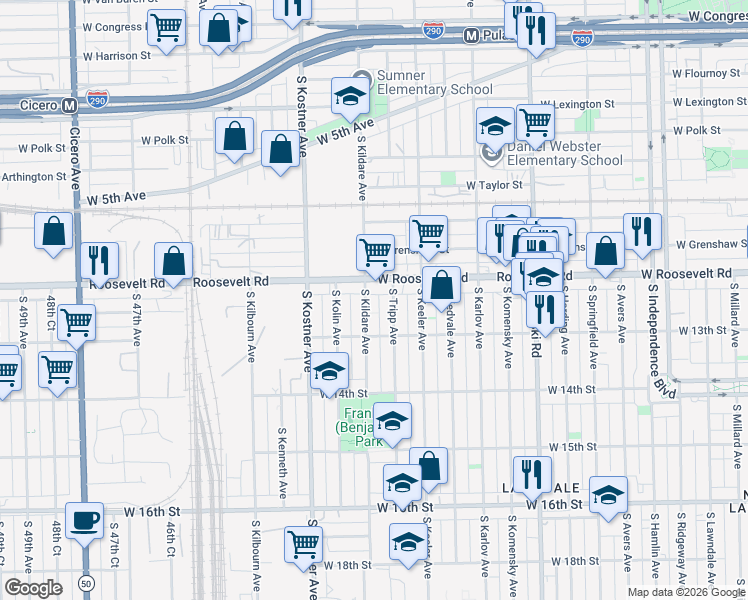 map of restaurants, bars, coffee shops, grocery stores, and more near 1237 South Kildare Avenue in Chicago