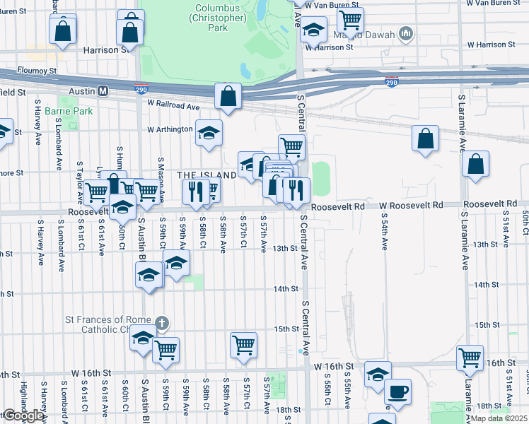 map of restaurants, bars, coffee shops, grocery stores, and more near 1213 South 57th Avenue in Cicero