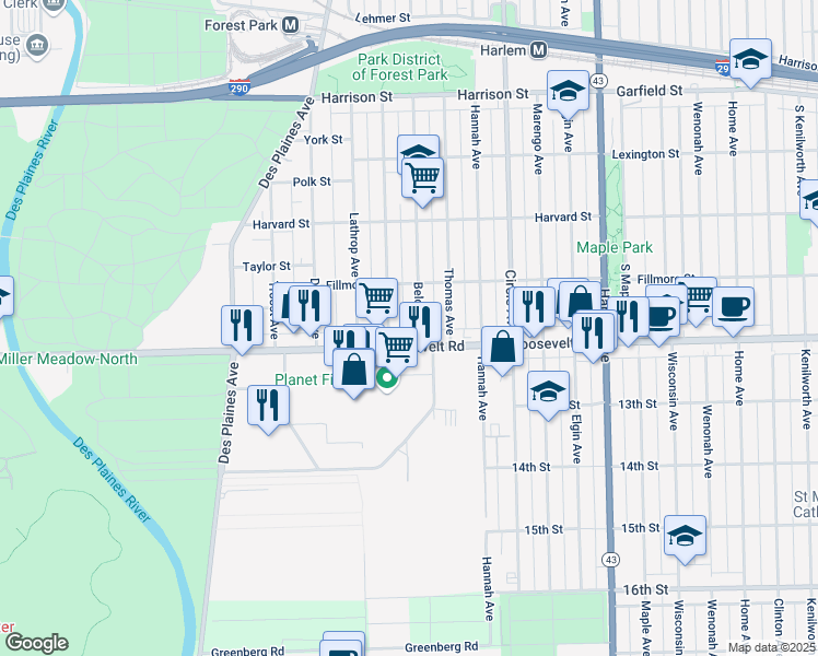 map of restaurants, bars, coffee shops, grocery stores, and more near 7503 Roosevelt Road in Forest Park