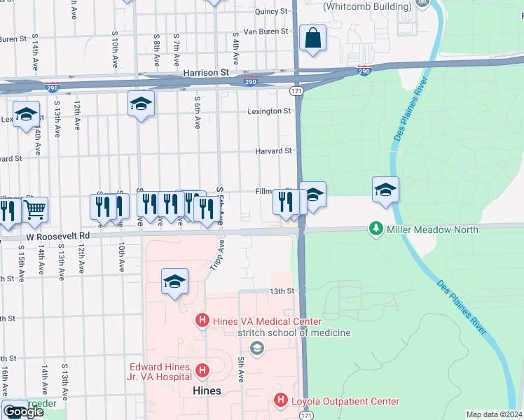 map of restaurants, bars, coffee shops, grocery stores, and more near 2125 South 3rd Avenue in Maywood