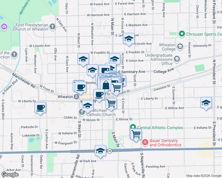 map of restaurants, bars, coffee shops, grocery stores, and more near 107 West Front Street in Wheaton