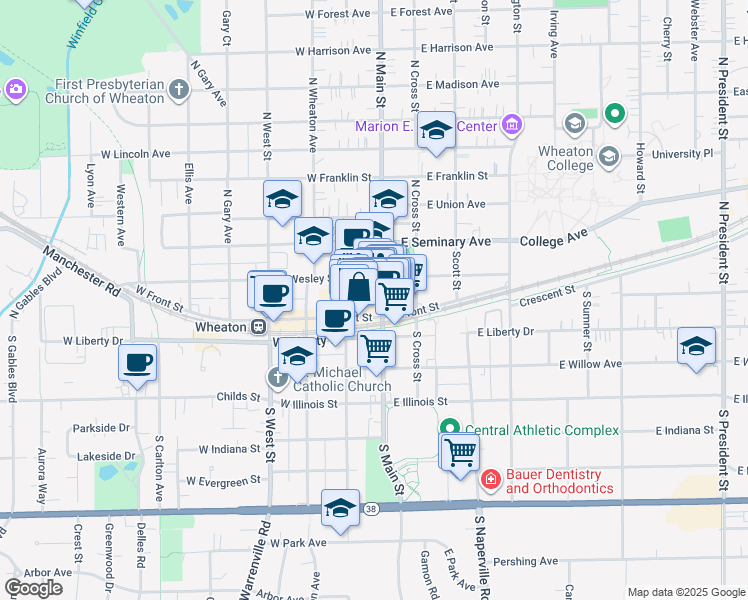 map of restaurants, bars, coffee shops, grocery stores, and more near 107 West Front Street in Wheaton