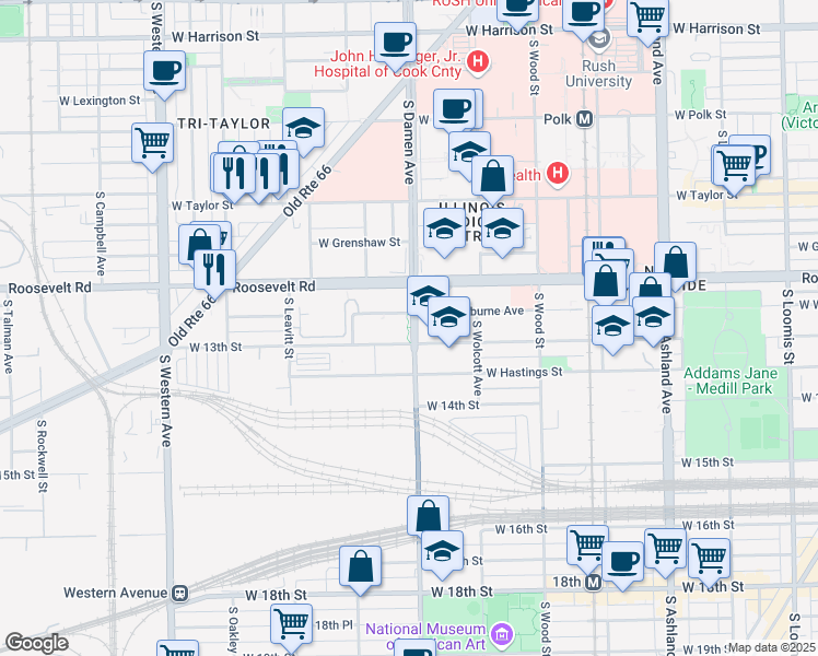 map of restaurants, bars, coffee shops, grocery stores, and more near 1240 South Damen Avenue in Chicago