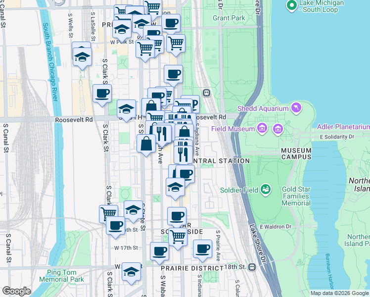 map of restaurants, bars, coffee shops, grocery stores, and more near 1305 South Michigan Avenue in Chicago