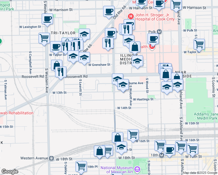 map of restaurants, bars, coffee shops, grocery stores, and more near 1240 South Damen Avenue in Chicago
