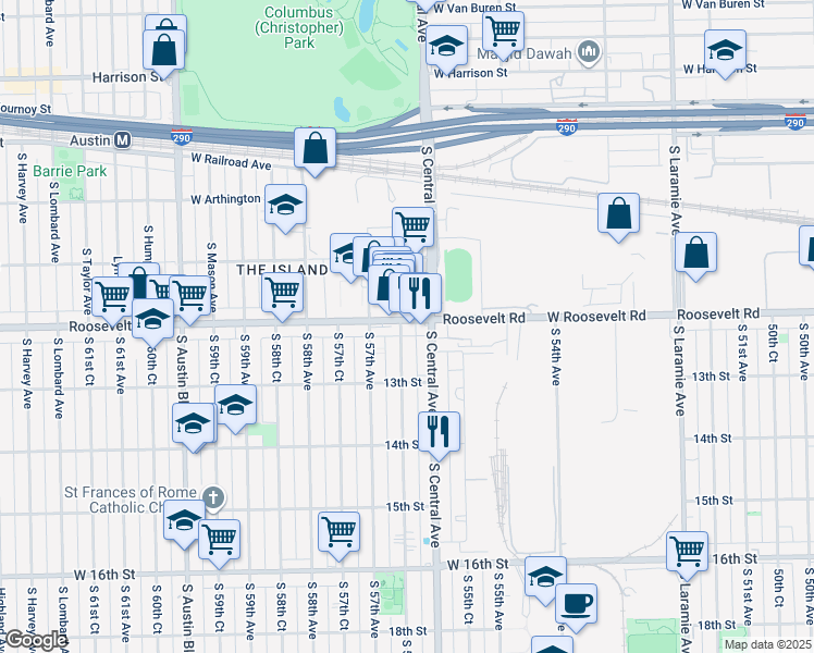 map of restaurants, bars, coffee shops, grocery stores, and more near 1213 South 56th Court in Cicero