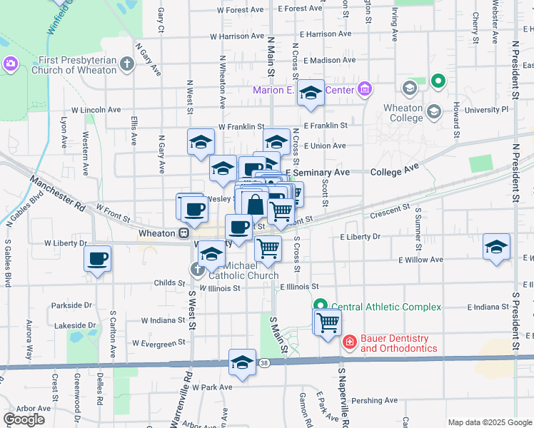 map of restaurants, bars, coffee shops, grocery stores, and more near 107 West Front Street in Wheaton