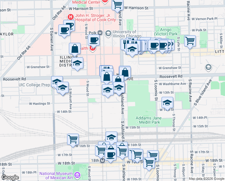 map of restaurants, bars, coffee shops, grocery stores, and more near 1636 West 13th Street in Chicago