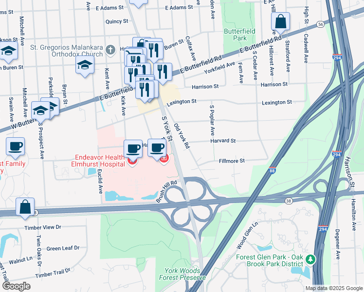 map of restaurants, bars, coffee shops, grocery stores, and more near 610 Old York Road in Elmhurst