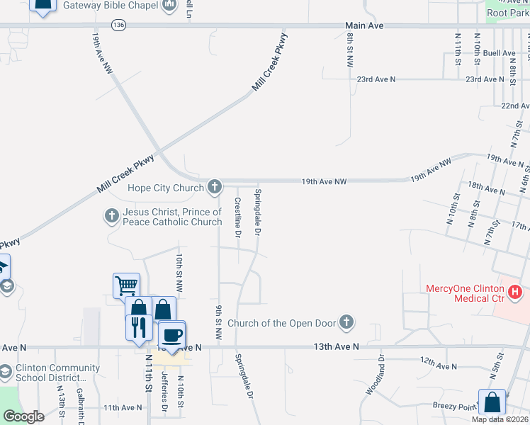 map of restaurants, bars, coffee shops, grocery stores, and more near 1601-1723 Springdale Drive in Clinton
