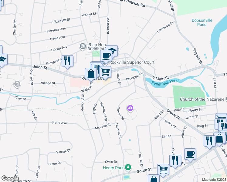 map of restaurants, bars, coffee shops, grocery stores, and more near 57 High Street in Vernon