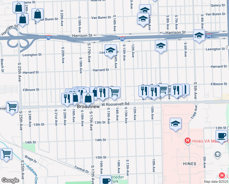 map of restaurants, bars, coffee shops, grocery stores, and more near 2116 14th Avenue in Broadview