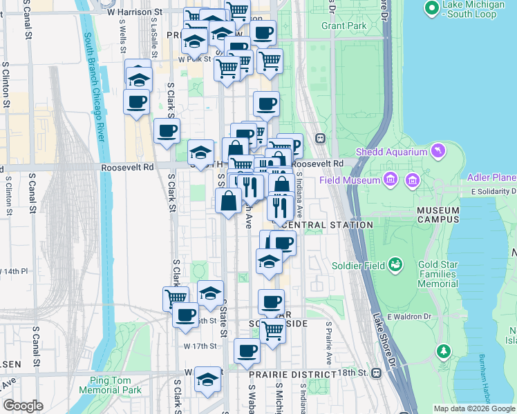 map of restaurants, bars, coffee shops, grocery stores, and more near 1327 South Wabash Avenue in Chicago
