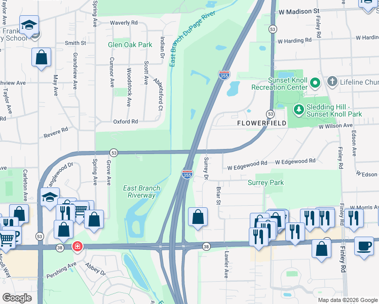 map of restaurants, bars, coffee shops, grocery stores, and more near 1419 Illinois 53 in Glen Ellyn