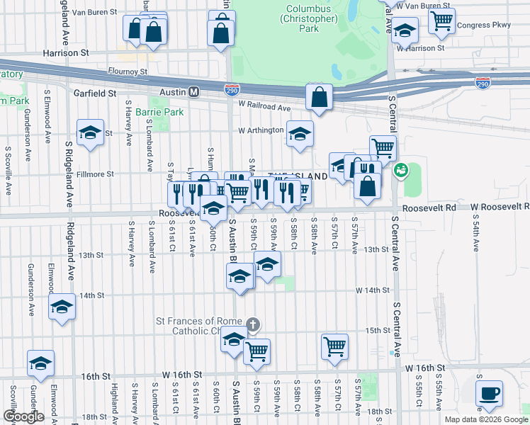 map of restaurants, bars, coffee shops, grocery stores, and more near 5913 W Roosevelt Rd in Cicero