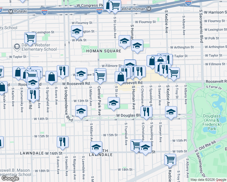 map of restaurants, bars, coffee shops, grocery stores, and more near 3529 West 12th Place in Chicago