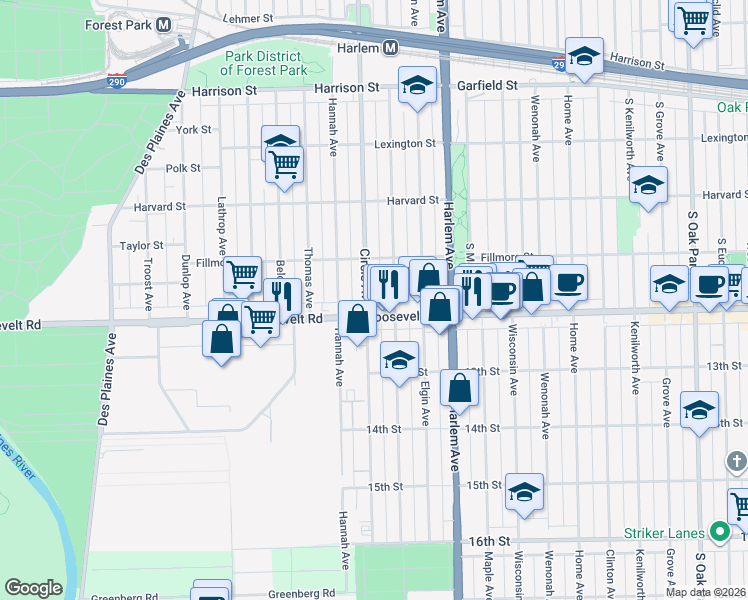 map of restaurants, bars, coffee shops, grocery stores, and more near 7305 Roosevelt Road in Forest Park