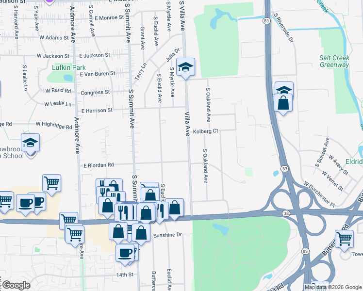 map of restaurants, bars, coffee shops, grocery stores, and more near 1334 South Villa Avenue in Villa Park
