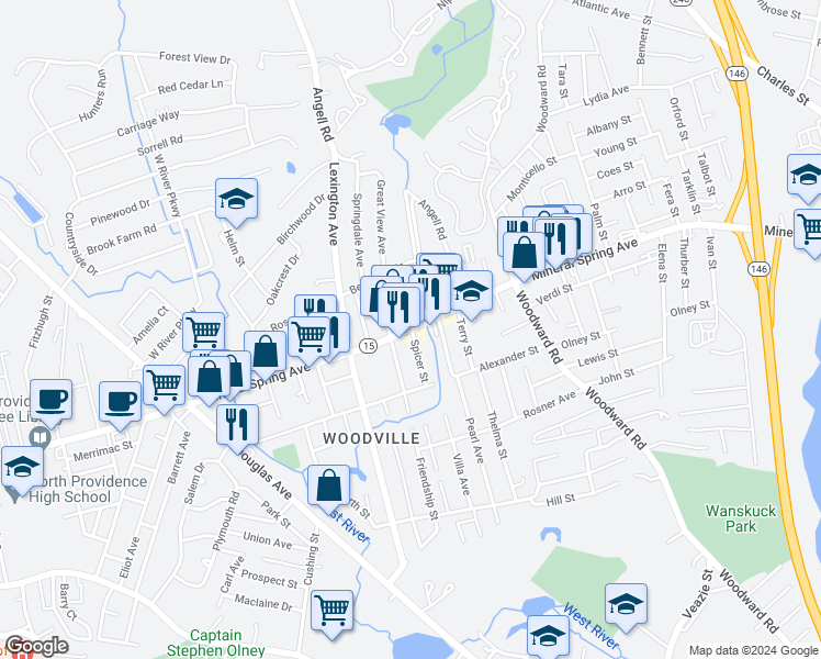 map of restaurants, bars, coffee shops, grocery stores, and more near Mineral Spring Ave & Spicer St in North Providence