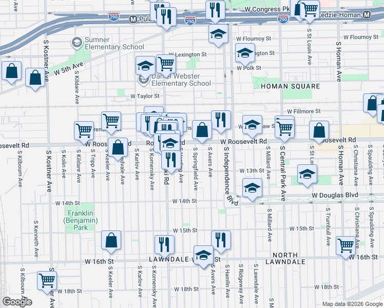 map of restaurants, bars, coffee shops, grocery stores, and more near 1220 South Springfield Avenue in Chicago