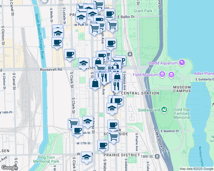map of restaurants, bars, coffee shops, grocery stores, and more near 1327 South Wabash Avenue in Chicago