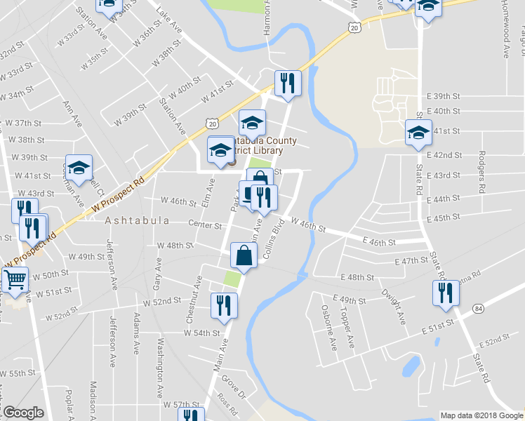 map of restaurants, bars, coffee shops, grocery stores, and more near 4600 Main Avenue in Ashtabula
