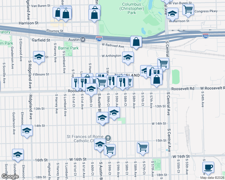 map of restaurants, bars, coffee shops, grocery stores, and more near 1211 South 59th Court in Cicero