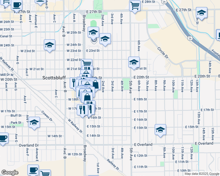 map of restaurants, bars, coffee shops, grocery stores, and more near 1822 3rd Avenue in Scottsbluff