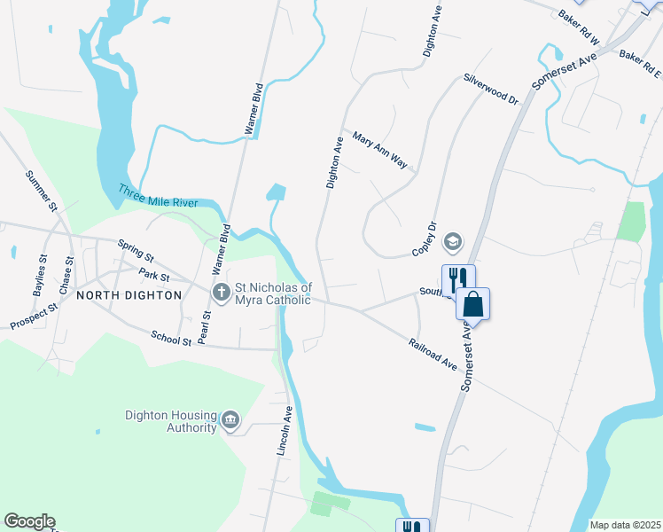 map of restaurants, bars, coffee shops, grocery stores, and more near 836 Dighton Avenue in Taunton