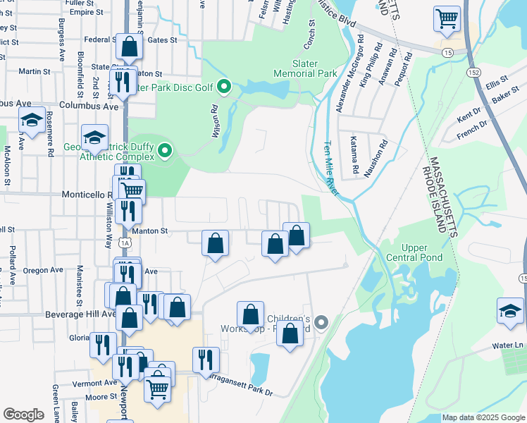 map of restaurants, bars, coffee shops, grocery stores, and more near 280 Manton Street in Pawtucket