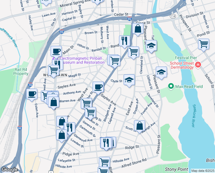 map of restaurants, bars, coffee shops, grocery stores, and more near 36 Kimball Avenue in Pawtucket