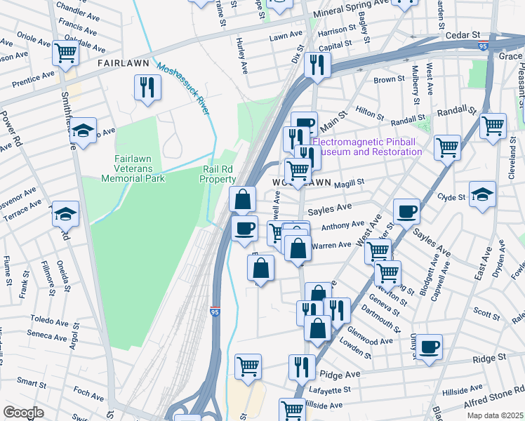 map of restaurants, bars, coffee shops, grocery stores, and more near 63 Patterson Avenue in Pawtucket