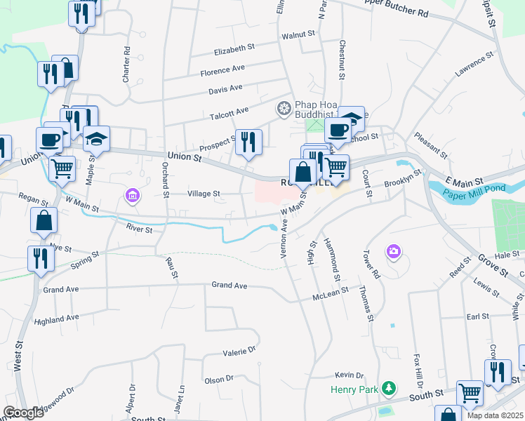 map of restaurants, bars, coffee shops, grocery stores, and more near 121 West Main Street in Vernon