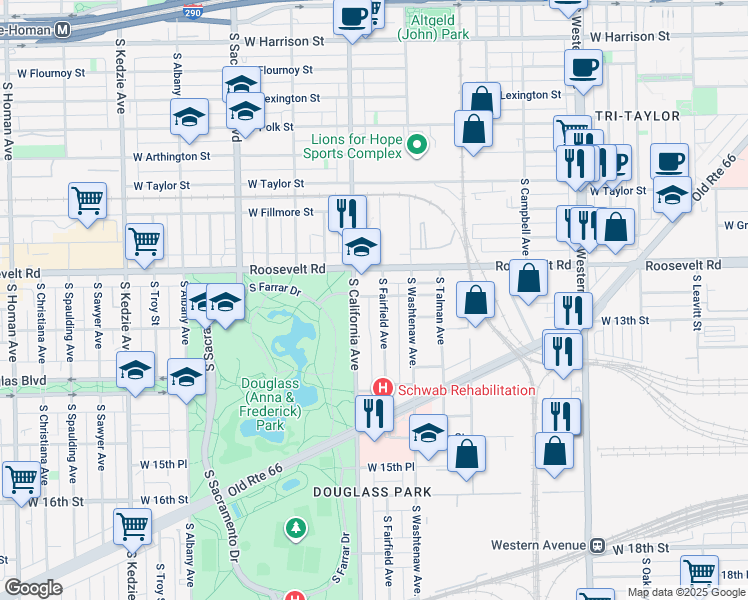 map of restaurants, bars, coffee shops, grocery stores, and more near 1253 South Fairfield Avenue in Chicago