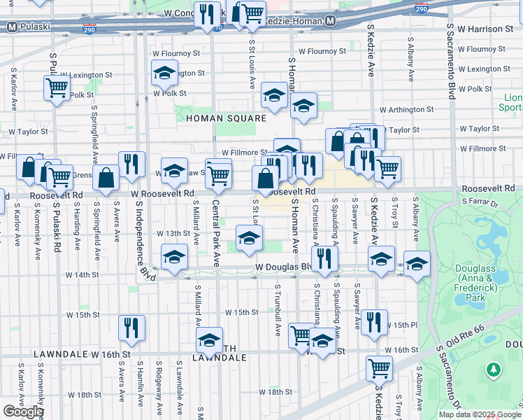 map of restaurants, bars, coffee shops, grocery stores, and more near 3447 West 12th Place in Chicago