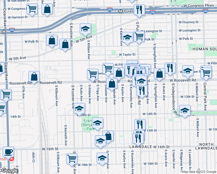 map of restaurants, bars, coffee shops, grocery stores, and more near 1238 South Kedvale Avenue in Chicago