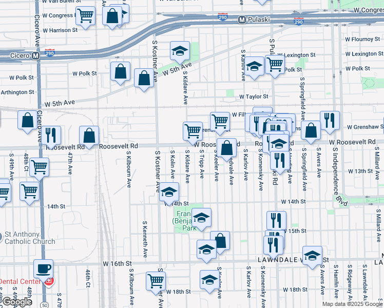 map of restaurants, bars, coffee shops, grocery stores, and more near 1237 South Kildare Avenue in Chicago