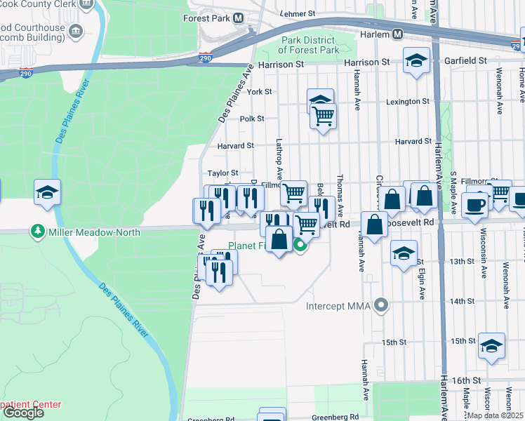 map of restaurants, bars, coffee shops, grocery stores, and more near 7609 Roosevelt Road in Forest Park