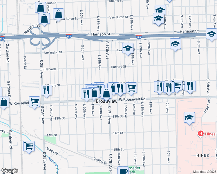 map of restaurants, bars, coffee shops, grocery stores, and more near 2120 South 17th Avenue in Broadview
