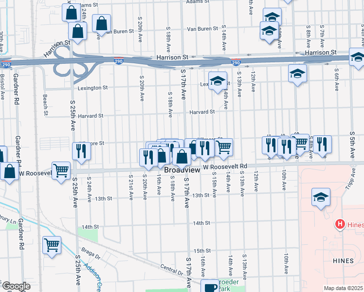 map of restaurants, bars, coffee shops, grocery stores, and more near 2120 South 17th Avenue in Broadview