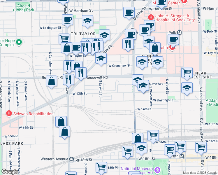 map of restaurants, bars, coffee shops, grocery stores, and more near 2111 Roosevelt Road in Chicago