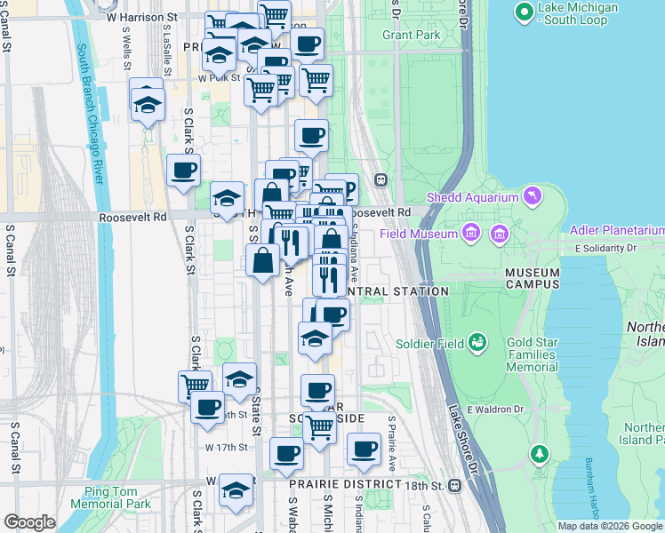 map of restaurants, bars, coffee shops, grocery stores, and more near 1325 South Michigan Avenue in Chicago