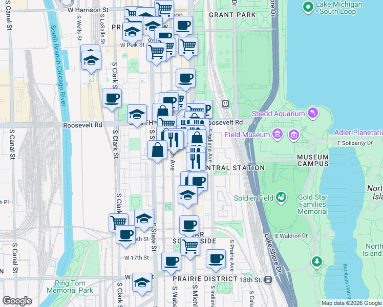 map of restaurants, bars, coffee shops, grocery stores, and more near 1325 South Michigan Avenue in Chicago