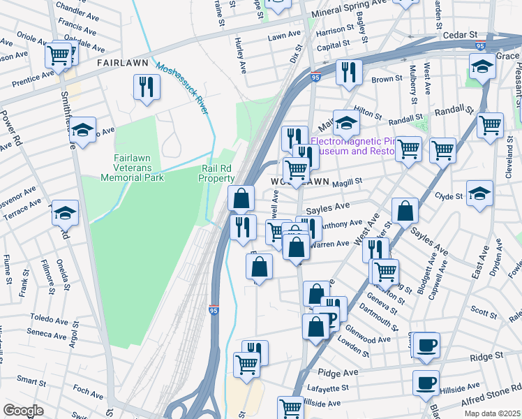map of restaurants, bars, coffee shops, grocery stores, and more near 63 Patterson Avenue in Pawtucket