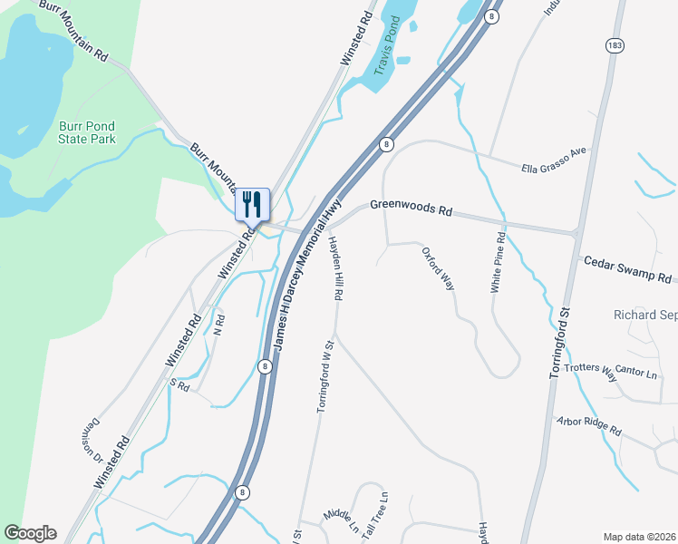 map of restaurants, bars, coffee shops, grocery stores, and more near 107 Hayden Hill Road in Torrington