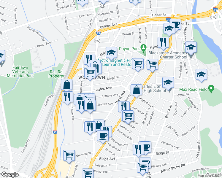 map of restaurants, bars, coffee shops, grocery stores, and more near 288 Sayles Avenue in Pawtucket