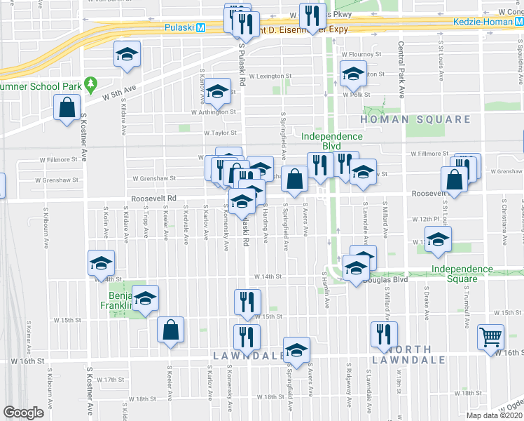 map of restaurants, bars, coffee shops, grocery stores, and more near 1218 South Harding Avenue in Chicago